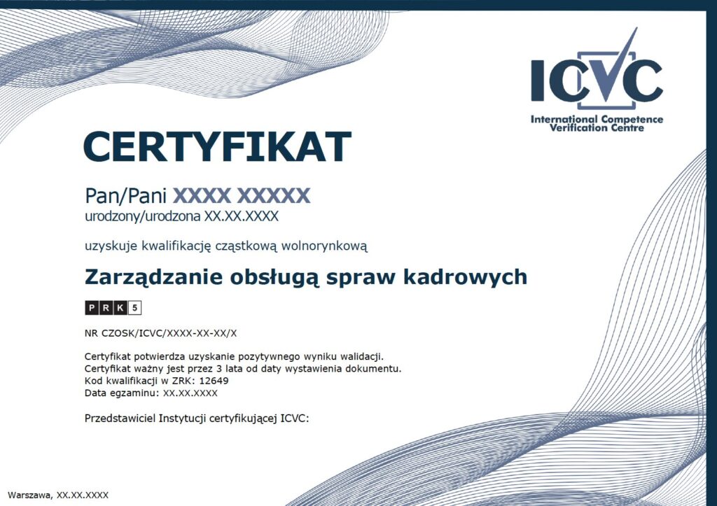 Przykładowy wzór-strony numer 1 certyfikatu uzyskania kwalifikacji ZSK